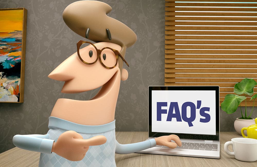 Cartoon character pointing to a computer screen displaying FAQs about blinds, curtains, and home decor.