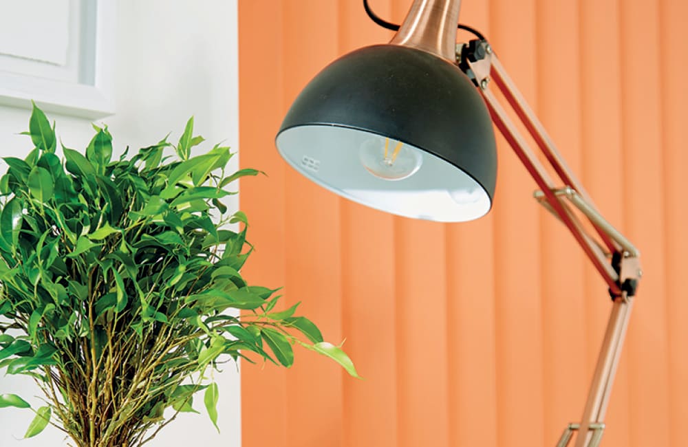 Contemporary lamp illuminating a green plant against an orange slat blind background.