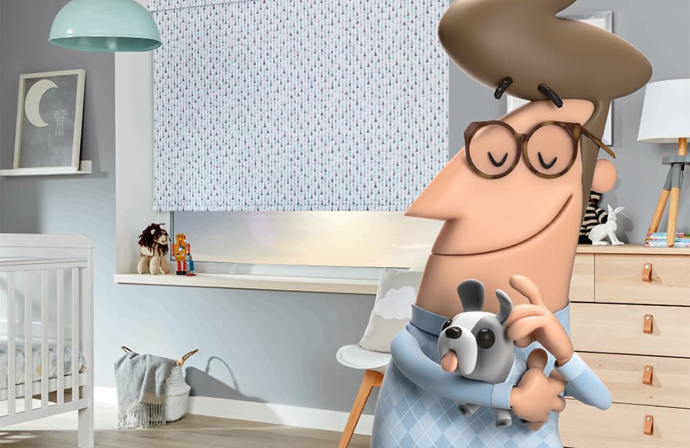 Animated character in a child's bedroom, showcasing child-safe blinds and a cozy environment.