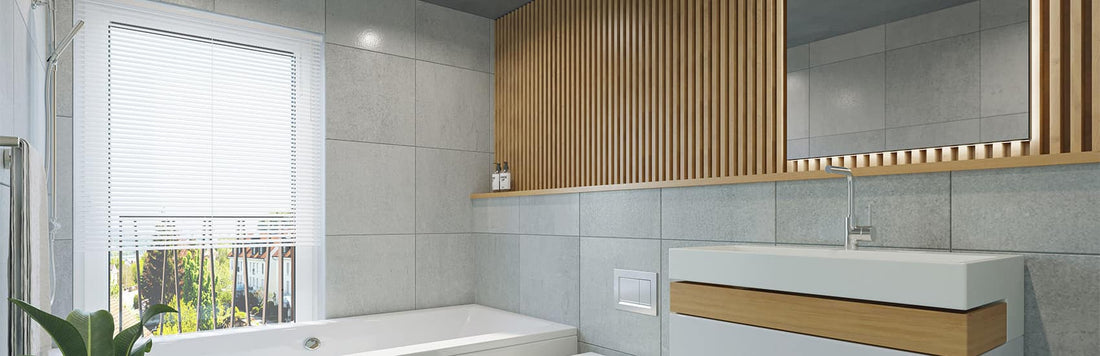 Modern bathroom featuring light-colored blinds, sleek vanity, and natural wood accents for style and functionality.