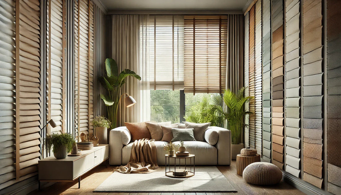 Bright living room featuring stylish color blinds, natural light, plants, and cozy furnishings for interior design inspiration.