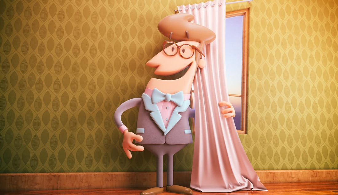 Cartoon character in a suit holding a curtain in a stylish room with patterned walls.