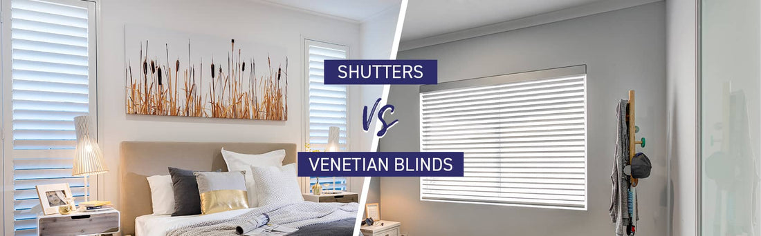Comparison of shutters and Venetian blinds in a modern bedroom setting, showcasing their distinct styles.