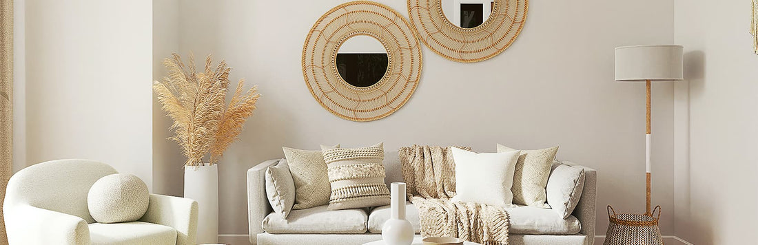 Stylish living room with neutral decor, cozy sofa, decorative pillows, and modern wall mirrors.