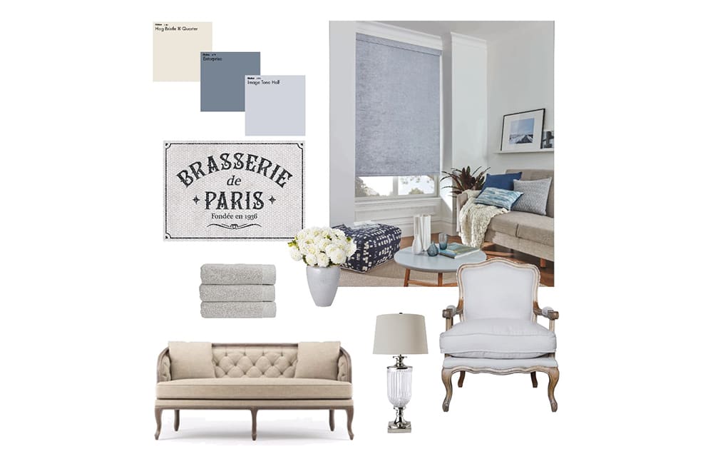 French provincial design inspiration with blinds, sofa, and decor elements for a chic Queensland style.