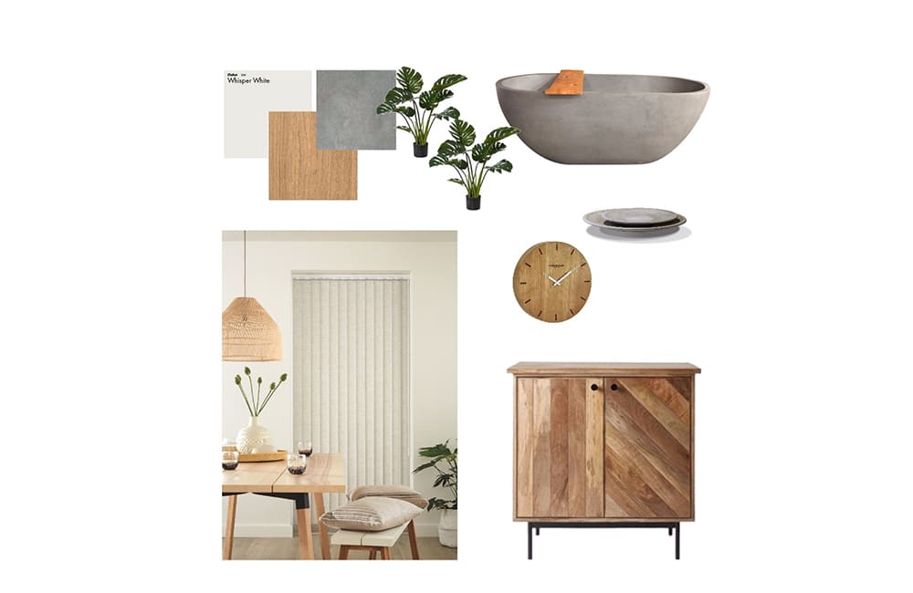 Stylish minimalist decor featuring blinds, a concrete bathtub, wood accents, and greenery in a modern setting.