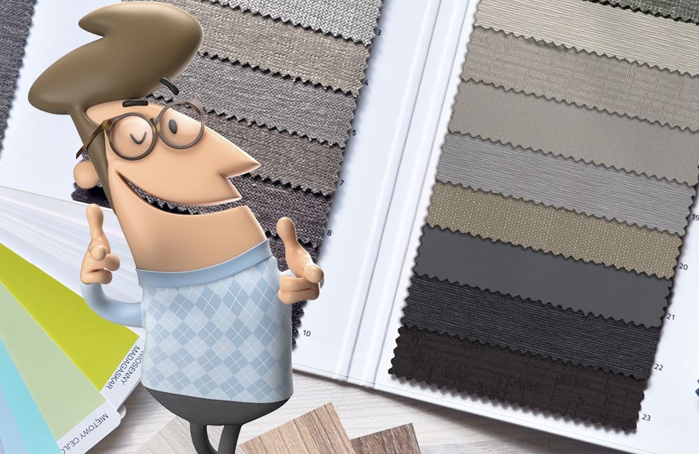 Cartoon character with fabric swatches in shades of gray, promoting creative fabric crafts and projects.