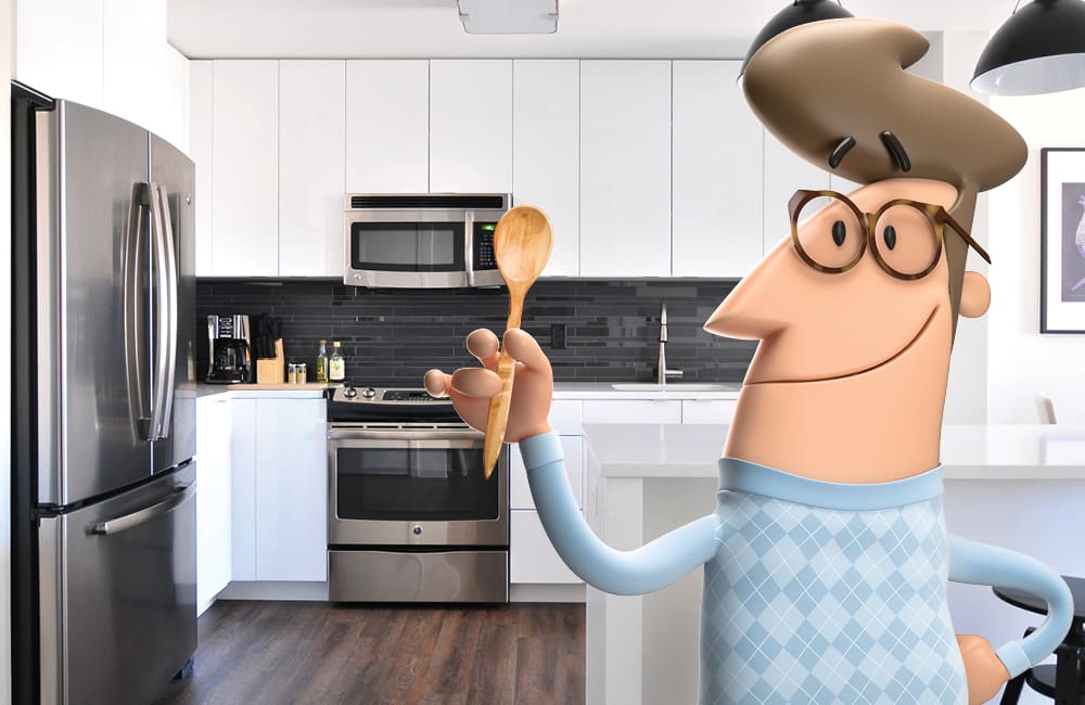 Cartoon chef holding a wooden spoon in a modern kitchen, ready to bake Christmas cookies.