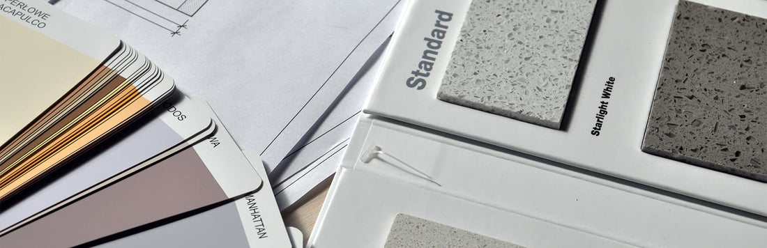 Samples of paint swatches and texture materials for DIY home improvement projects.