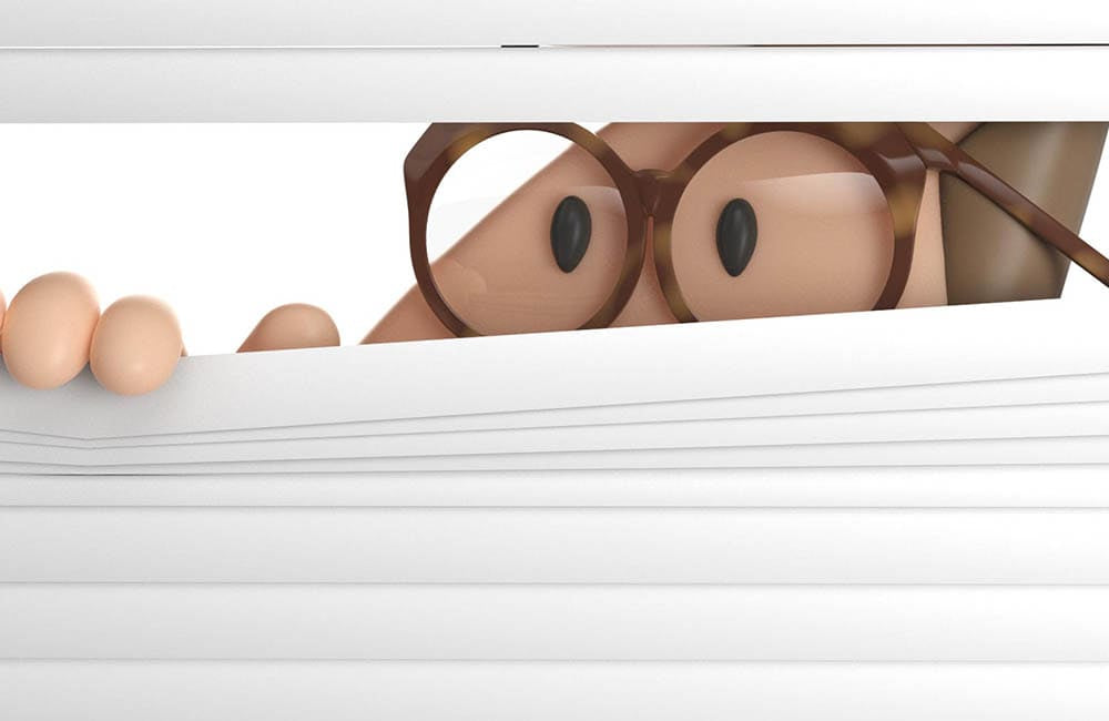 Cartoon character peeking through white blinds, representing privacy and curiosity in home decor.
