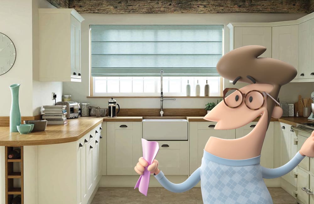 Cartoon character holding a cleaning guide in a modern kitchen with light blue blinds.
