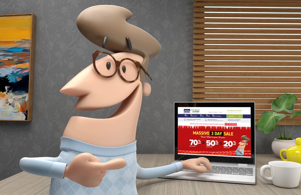 Cartoon character promoting a massive 3-day sale on blinds with discounts displayed on a laptop in a cozy home office.