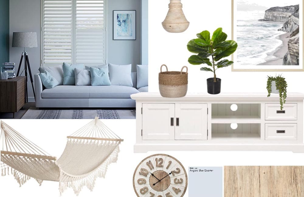 Byron Bay style moodboard featuring coastal decor, furniture, and accessories inspired by the Hamptons look.