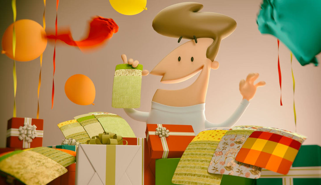Animated character happily selecting fabric samples among colorful presents and decorations.