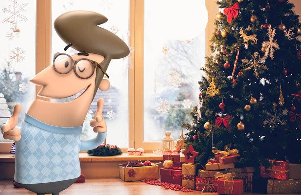 Festive cartoon character standing by a decorated Christmas tree and window with snowflake decorations.