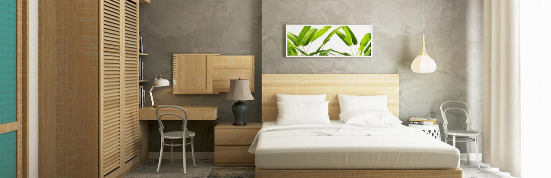 Modern bedroom design with wooden furniture, light curtains, and green wall art for soothing ambiance.