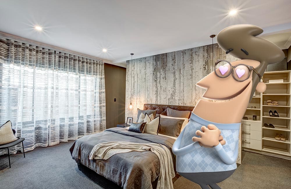 Stylish bedroom with curtains and a cheerful animated character admiring the decor.