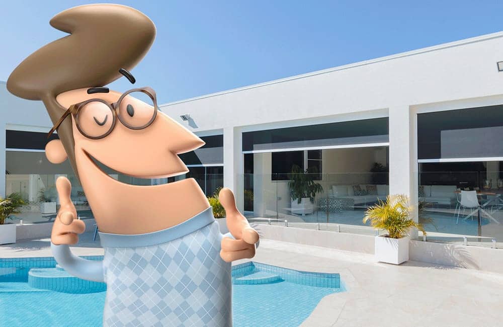 Cartoon character in front of a stylish pool and outdoor area, promoting outdoor living and weather protection solutions.