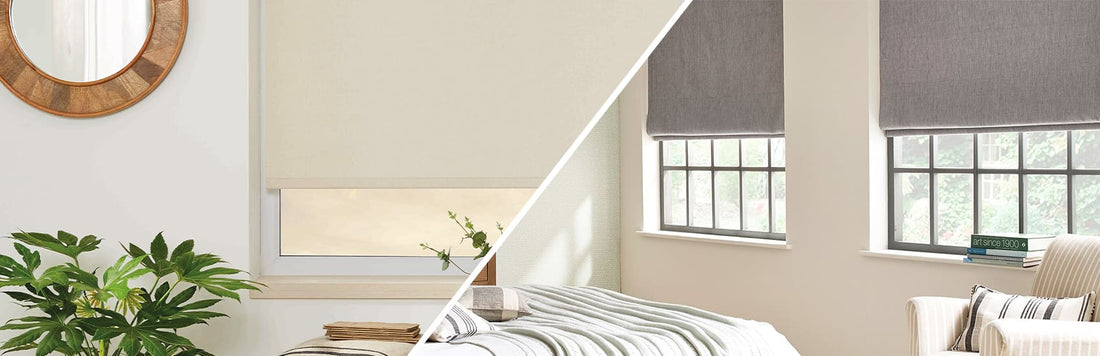 Comparison of roller blinds and roman blinds in a stylish interior setting.