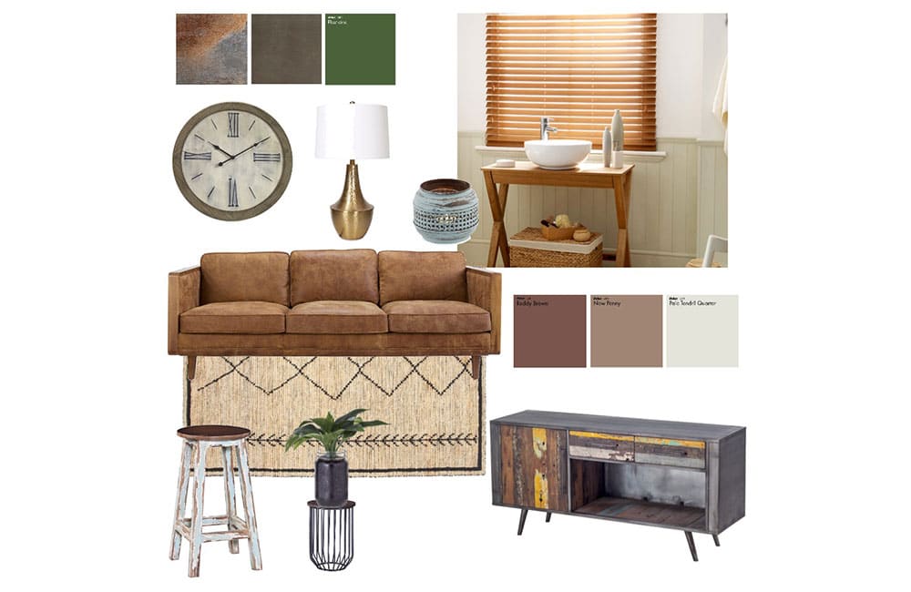 Rustic interior design moodboard featuring furniture, color palette, and decorative elements inspired by Tasmania.
