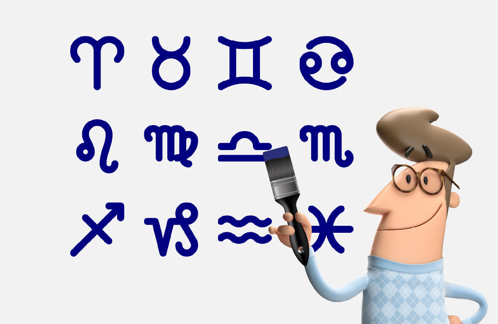 Illustration of zodiac symbols with a character holding a paintbrush, symbolizing star sign-themed home decor.