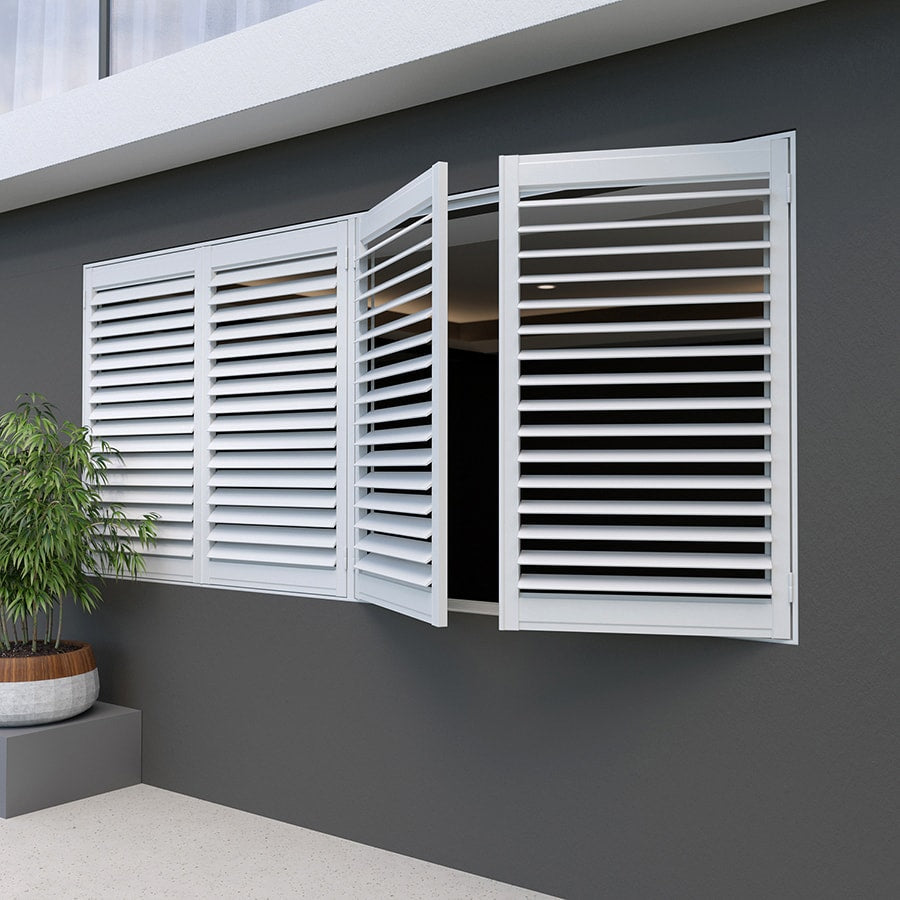 Aluminium White Satin Outdoor Shutters – Half Price Blinds